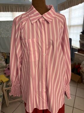 Pink and White Vertical Stripe Button-Up Shirt